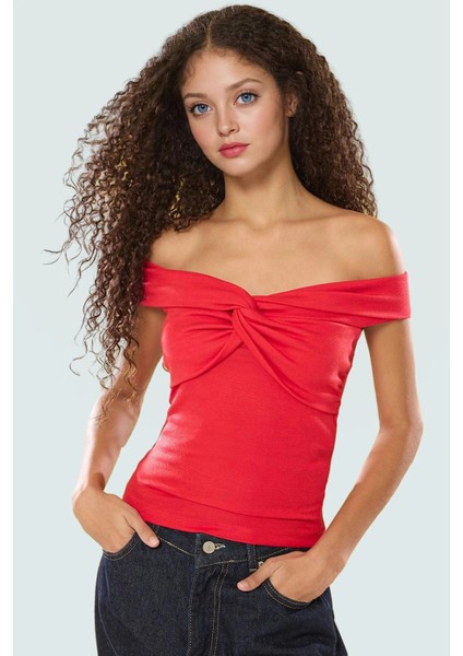 Fitted Crop Bluz Renk Carmen Yaka 97% Viskoz Yazlık Şık Görünüm Uzun Ömürlü