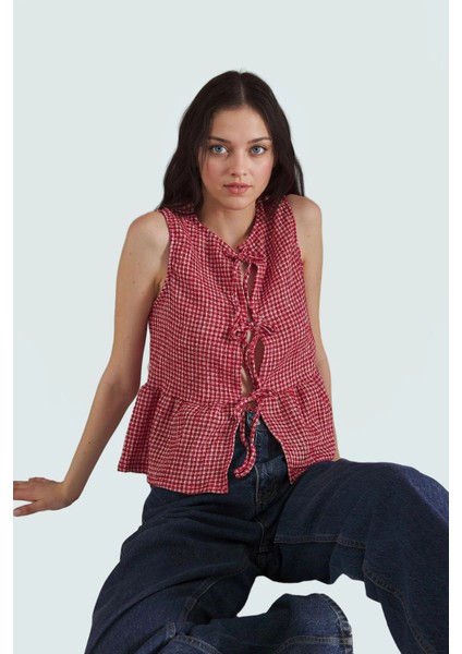 Kolsuz Ekose Bluz Polyester Elastan Jakarlı Örme Yazlık Günlük Rahat ve Şık