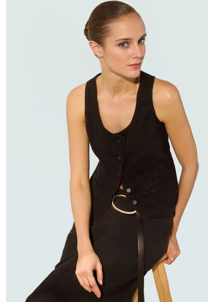 Keten Fitted Bluz Degaje Yaka Crop Boy Yazlık Profesyonel Görünüm Premium Kalite