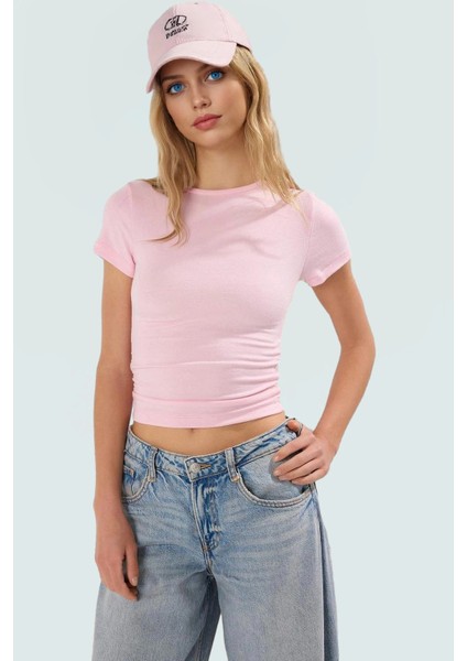 Viskoz Ribana Crop Bluz Büzgü Detaylı Fitted Kalıp Yazlık Uzun Ömürlü Premium Kalite