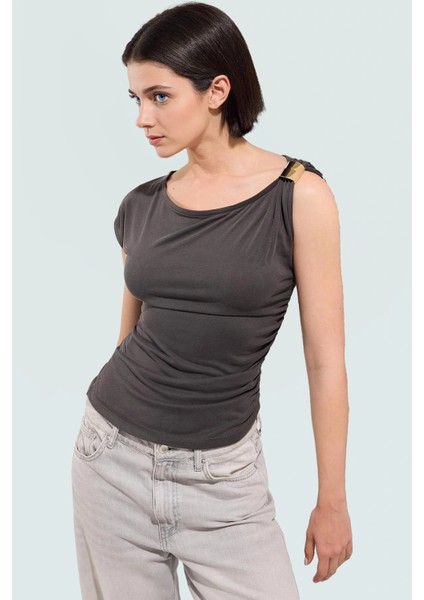 100 Modal Premium Örme Bluz Aksesuarlı Asimetrik Yaka Rahat Günlük Modern Stil