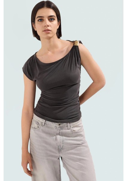 100 Modal Premium Örme Bluz Aksesuarlı Asimetrik Yaka Rahat Günlük Modern Stil fiyatları