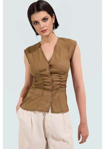 Dokuma Viskoz Bluz V Yaka Fitted Kolsuz Yazlık Rahat Yüksek Kalite Dayanıklı Malzeme