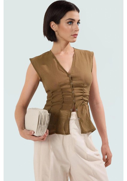 Dokuma Viskoz Bluz V Yaka Fitted Kolsuz Yazlık Rahat Yüksek Kalite Dayanıklı Malzeme fiyatları