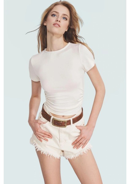 Viskoz Ribana Crop Bluz Büzgü Detaylı Fitted Kalıp Yazlık Uzun Ömürlü Premium Kalite