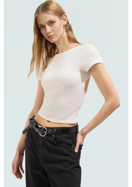 Şık Crop Bluz Nefes Alan Örme Kumaş Sırt Dekolteli Fitted Kalıp Günlük Kullanım Için fiyatları