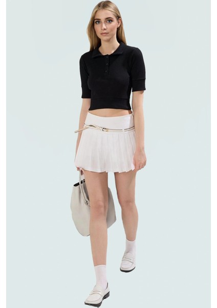 Rejenere Kaşkorse Crop Bluz Çizgili Polo Yaka Fitted Yazlık Konforlu Kesim Özenle Seçilmiş