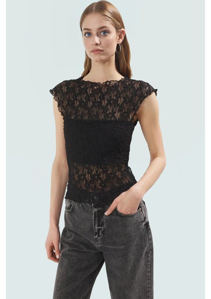 Şık Dantel Örme Bluz Fitted Kalıp Bisiklet Yaka Ay Kol Yazlık Uzun Ömürlü Konforlu Kesim fiyatları