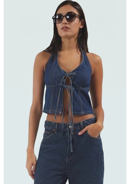 Denim Crop Bluz Halter Yaka Fitted 100 Pamuk Yazlık Dayanıklı Malzeme Yüksek Kalite