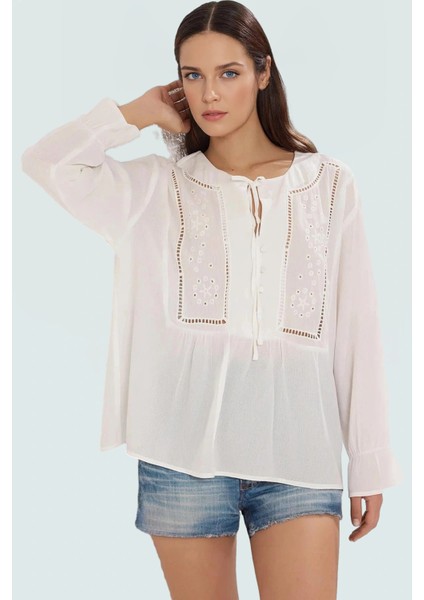 Nakışlı Balon Kol Bluz Rahat Viskon Crinkle Kumaş Günlük Stil Yüksek Kalite Şık Görünüm fiyatları