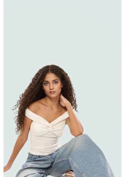 Fitted Crop Bluz Renk Carmen Yaka 97% Viskoz Yazlık Şık Görünüm Uzun Ömürlü