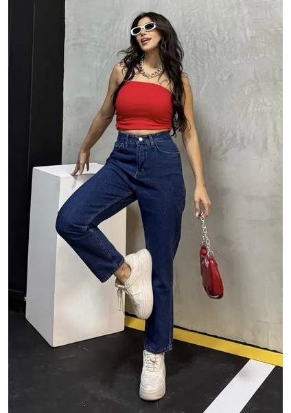 Düz Orta Kadın Mavi Slim Fit Mom Pantolon