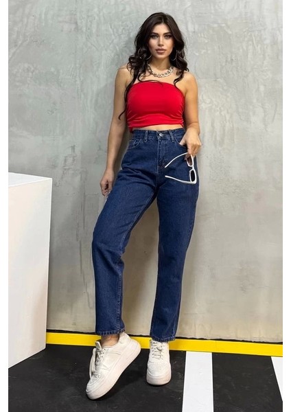 Düz Orta Kadın Mavi Slim Fit Mom Pantolon fırsatları