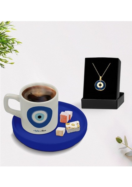 Kişiye Özel Mavi Türk Kahvesi Fincanı ve Nazar Kolye Hediye Seti