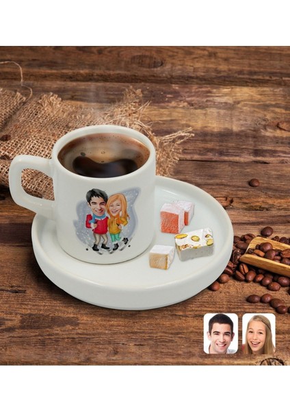 Kişiye Özel Sevgili Karikatürlü Türk Kahvesi Fincanı ve Tabak Model 107