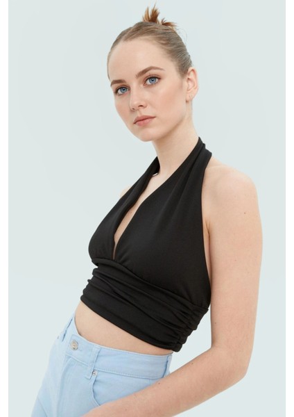 Vücuda Oturan Crop Bluz Boyundan Bağlamalı Örme Kumaş Modern Stil Premium Kalite fiyatları