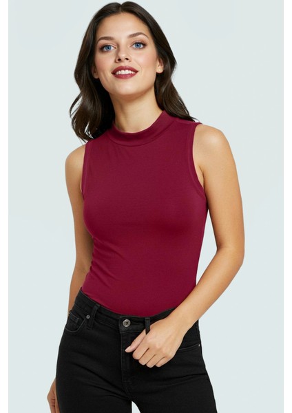 Viskoz Ribana Örme Bluz Dik Yaka Fitted Kalıp Kolsuz Yazlık Modern Stil