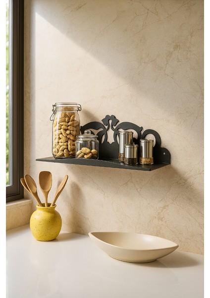 Ferforje Duvar Rafı, Dar Alanlar Için Dekoratif Depolama Ünitesi, Siyah Metal Raf