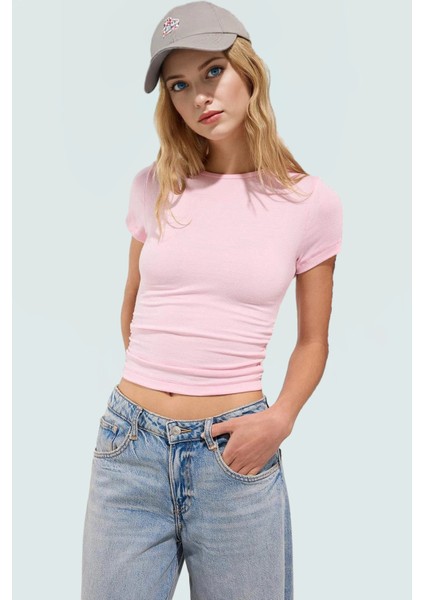 Fitted Crop Bluz Viskoz Ribana Kumaş Bisiklet Yaka Yazlık Özenle Seçilmiş Seçkin Malzeme