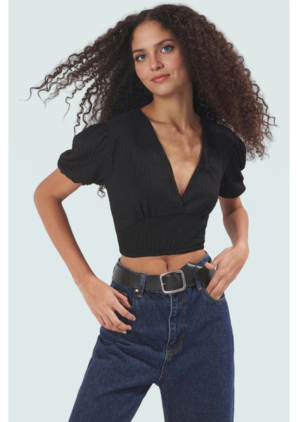 Polyester Örme Bluz Crop V Yaka Balon Kol Fitted Kalıp Özel Tasarım Rahat ve Şık