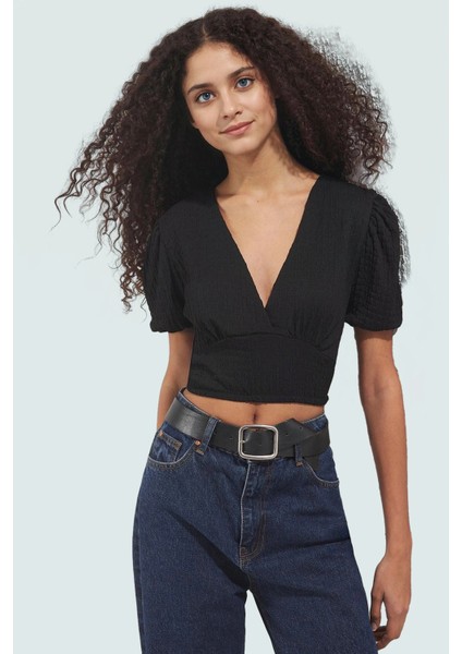 Polyester Örme Bluz Crop V Yaka Balon Kol Fitted Kalıp Özel Tasarım Rahat ve Şık fiyatları