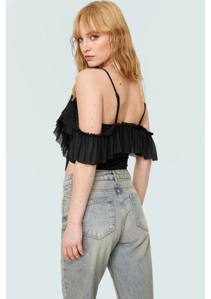 Kadın Yazlık Kolsuz Crop Bluz Fırfırlı Polyester Örme Kumaş Konforlu Kesim Yüksek Kalite