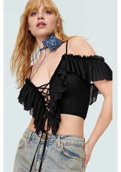 Kadın Yazlık Kolsuz Crop Bluz Fırfırlı Polyester Örme Kumaş Konforlu Kesim Yüksek Kalite fiyatları