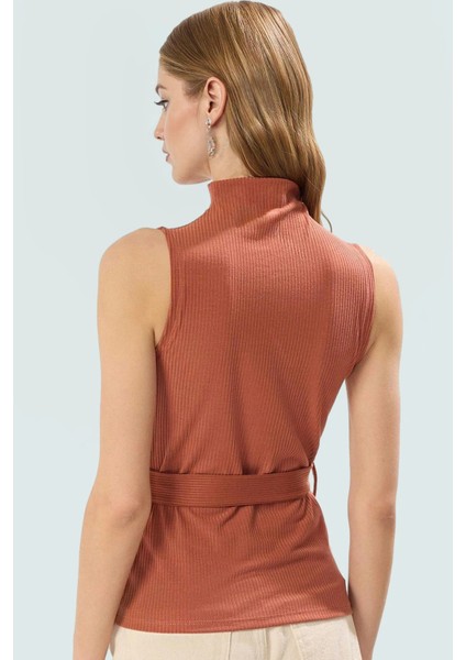 96 Polyester 4 Elastan Fitted Örme Bluz Dik Yaka Kemer Detayı Uzun Ömürlü Profesyonel Görünüm modelleri