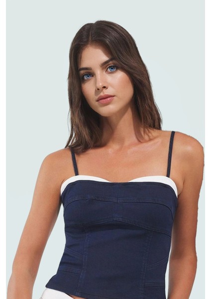 Omzu Crop Denim Bluz Pamuk Karışımlı Stretch Kumaş Kalp Yaka Yazlık Tarz Uzun Ömürlü