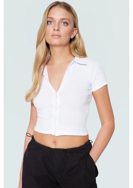 Fitted Crop Bluz Polo Yaka Kısa Kollu Pamuklu Yazlık Kaliteli Işçilik Şık Görünüm