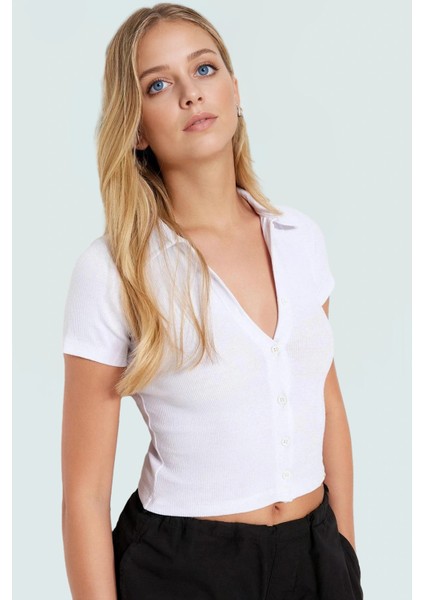 Fitted Crop Bluz Polo Yaka Kısa Kollu Pamuklu Yazlık Kaliteli Işçilik Şık Görünüm fiyatları