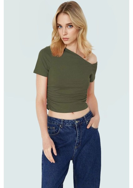 Asimetrik Yaka Basic Crop Bluz Örme Pamuklu Kumaş Yazlık Günlük Kombin Trend Tasarım fiyatları