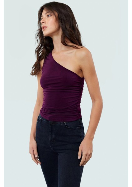 Fitted Tek Omuz Bluz Esnek Örme Crop Boy Modern Stil Premium Kalite Seçkin Malzeme