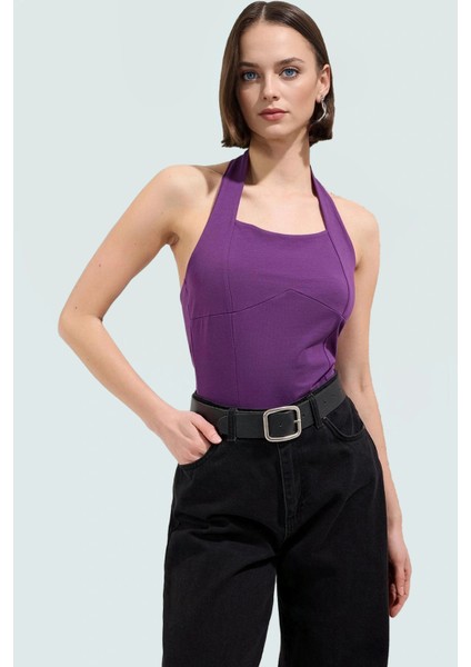 Kolsuz Örme Bluz Boyundan Bağlamalı Fitted Kalıp Trend Tasarım Rahat ve Şık