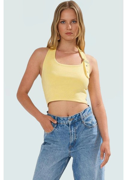 Aksesuar Detaylı Örme Crop Bluz %96 Viskoz %4 Elastan Yazlık Günlük Özenle Seçilmiş