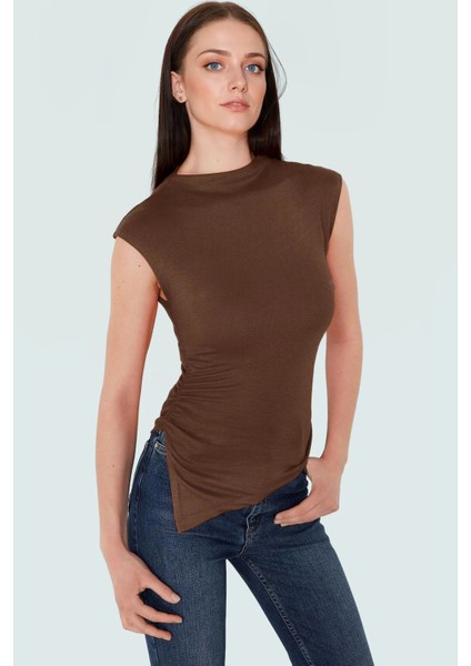 Yazlık Viskoz Örme Bluz Dik Yaka Fitted Asimetrik Büzgü Detaylı Günlük Kullanım Için fiyatları