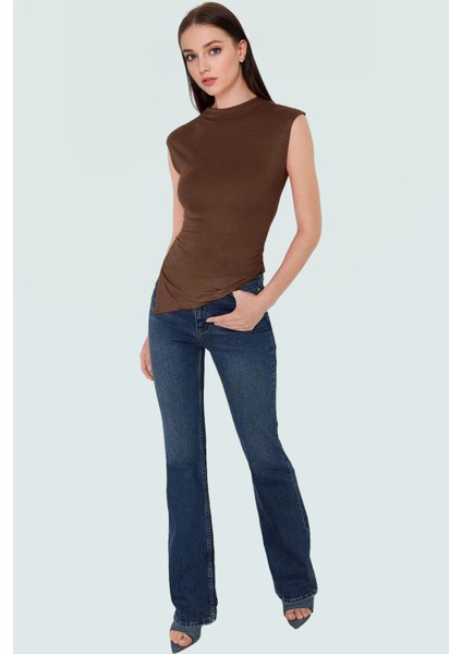 Yazlık Viskoz Örme Bluz Dik Yaka Fitted Asimetrik Büzgü Detaylı Günlük Kullanım Için modelleri