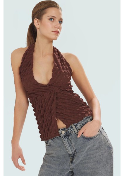 Asimetrik Boyundan Bağlamalı Bluz Örme Kumaş Fitted Kalıp Yazlık Konforlu Kesim