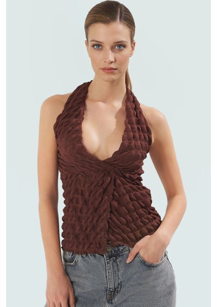 Asimetrik Boyundan Bağlamalı Bluz Örme Kumaş Fitted Kalıp Yazlık Konforlu Kesim fiyatları