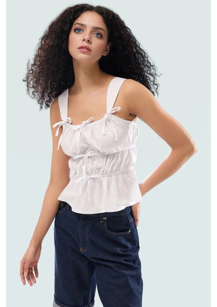 Yazlık Bluz Dacron Dokuma Kare Yaka Rahat Kalıp Kolsuz Mükemmel Uyum Özel Tasarım