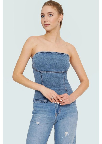 Straplez Denim Bluz Fitted Kalıp Stretch Kumaş Yazlık Yüksek Kalite Rahat Kullanım