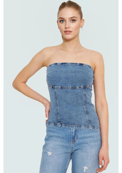 Straplez Denim Bluz Fitted Kalıp Stretch Kumaş Yazlık Yüksek Kalite Rahat Kullanım fiyatları