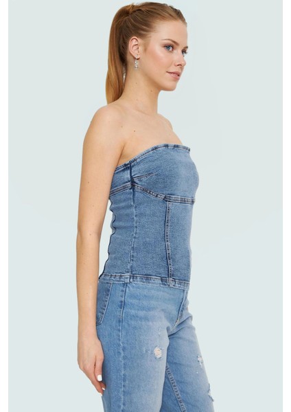 Straplez Denim Bluz Fitted Kalıp Stretch Kumaş Yazlık Yüksek Kalite Rahat Kullanım modelleri