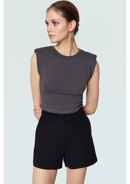 Fitted Vücut Oturan Kolsuz Örme Bluz Bisiklet Yaka Tasarım Premium Kalite Trend