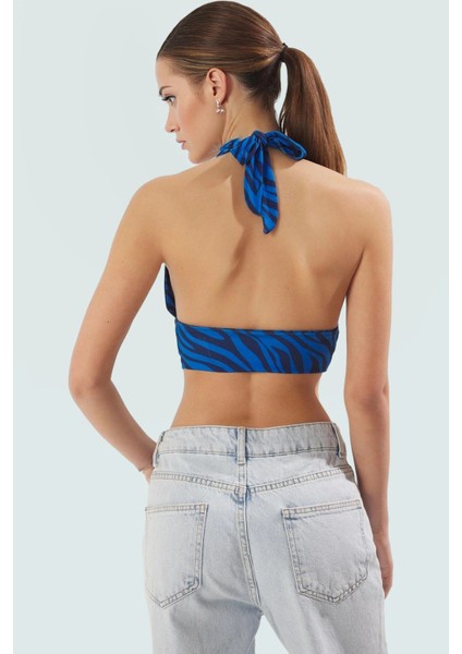 Super Crop Fitted Örme Bluz Boyundan Bağlamalı Soyut Desen Yazlık Konforlu Kesim