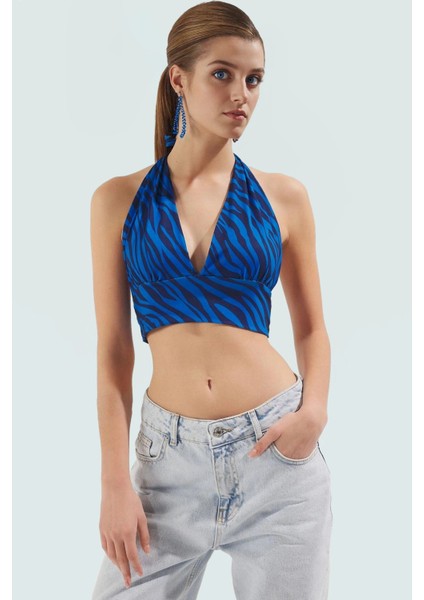 Super Crop Fitted Örme Bluz Boyundan Bağlamalı Soyut Desen Yazlık Konforlu Kesim fiyatları