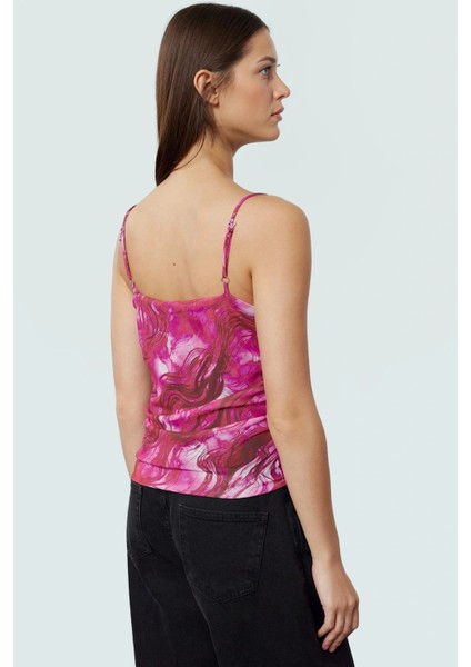 Fitted Crop Bluz Baskılı Tül Örme Degaje Yaka Günlük Mükemmel Uyum Konforlu Kesim Trend Tasarım modelleri