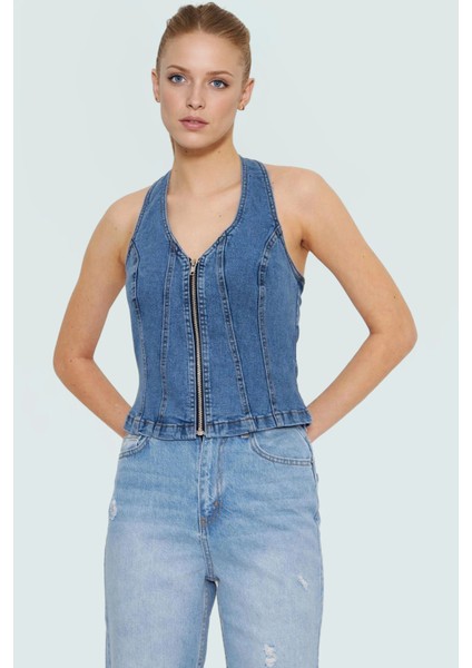 Stretch Denim Bluz Ön Fermuarlı Halter Yaka Regular Günlük Kombinler Özenle Seçilmiş