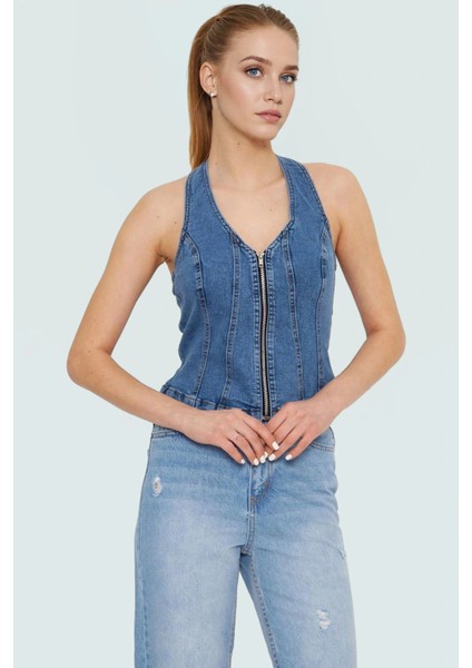 Stretch Denim Bluz Ön Fermuarlı Halter Yaka Regular Günlük Kombinler Özenle Seçilmiş fiyatları