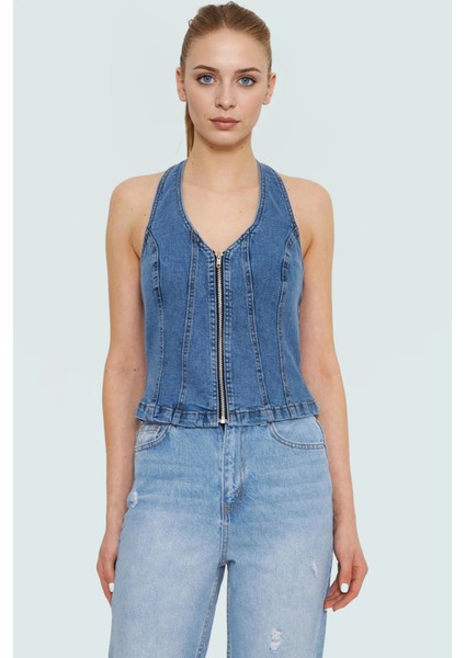 Stretch Denim Bluz Ön Fermuarlı Halter Yaka Regular Günlük Kombinler Özenle Seçilmiş modelleri